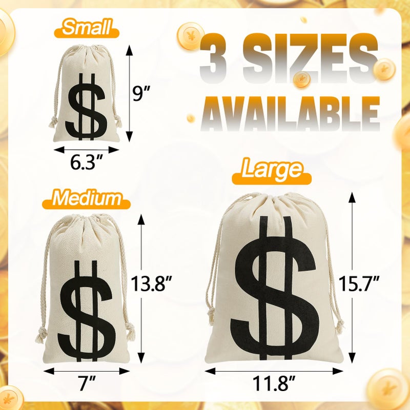 Apipi 4Pcs 6.3 x 9 Inches Canvas Money Bags - Halloween Prop Money Bag with Dollar Sign  Money Sacks for Bank Robber Costume Pirate Cosplay Theme Party - Image 4